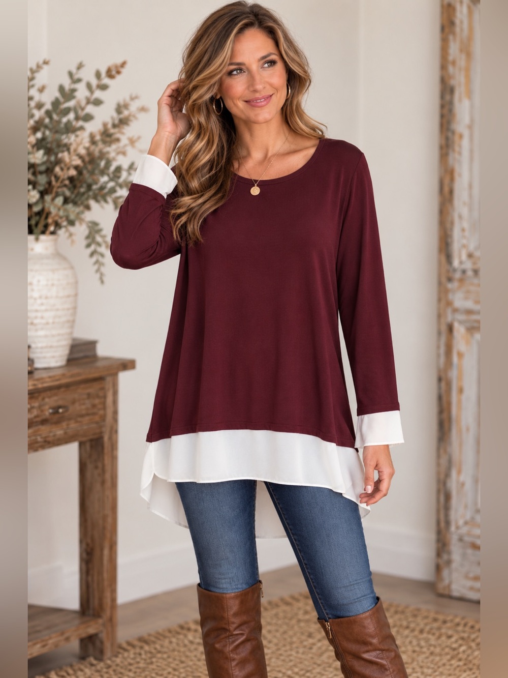 Susan Graver Burgundy Layered Chiffon Hem Tunic Top NWOT